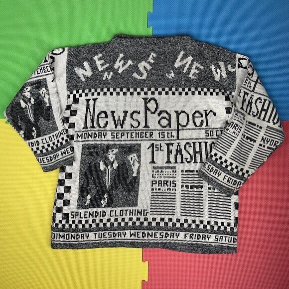 Vintage 80s Adele Boho Knit Sweater Newspaper Print Acrylic Knit Size Medium Rap